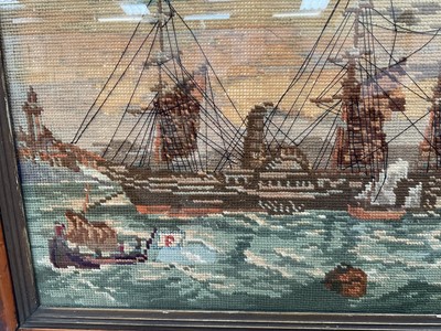 Lot 296 - 19th century woolwork picture of an American steamship, in glazed maple veneered frame