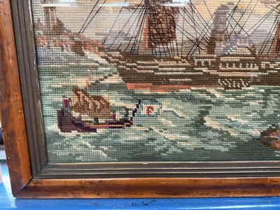 Lot 296 - 19th century woolwork picture of an American steamship, in glazed maple veneered frame