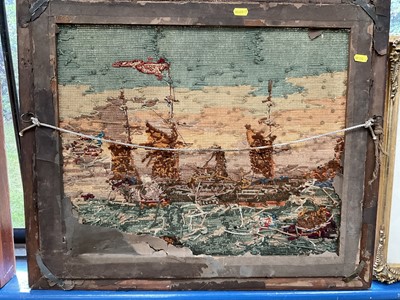 Lot 296 - 19th century woolwork picture of an American steamship, in glazed maple veneered frame