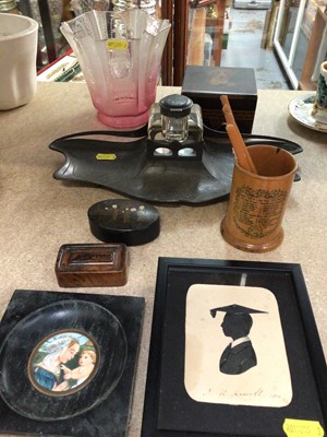 Lot 350 - Art Nouveau pewter inkstand, cranberry faded glass shade, snuff boxes, Mauchline ware 'The Little Fortune Teller' vase, portrait miniature and other items