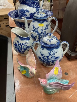 Lot 427 - Oriental blue and white porcelain teaset and two glazed bird ornaments