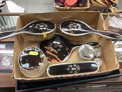 Lot 1087 - Silver and tortoishell dressing table set together with four silver topped vanity jar