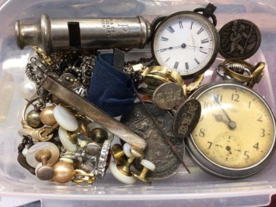 Lot 1013 - Small selection of jewellery, pair of silver cufflinks, silver cased fob watch, silver tie clip and a Second World War ARP whistle