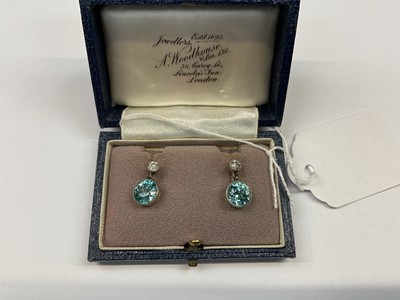 Lot 451 - Pair of Edwardian blue zircon and diamond pendant earrings