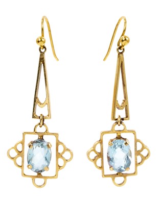 Lot 453 - Pair of Art Deco aquamarine pendant earrings