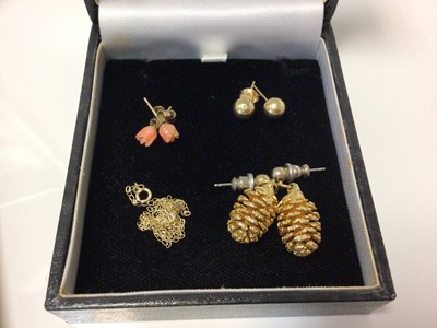 Lot 602 - Group of jewellery to include a coral necklace, a cultured pearl two-strand necklace and earrings, pietra dura brooch, amber earrings, carnelian earrings etc