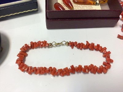 Lot 602 - Group of jewellery to include a coral necklace, a cultured pearl two-strand necklace and earrings, pietra dura brooch, amber earrings, carnelian earrings etc