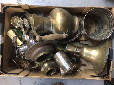 Lot 727 - Box of mixed metalware, including Eastern hookah base, Tibetan jug, etc