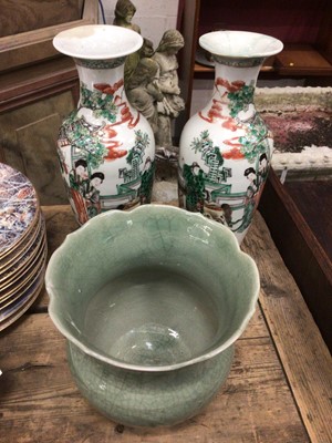 Lot 32 - Pair of antique Chinese famille verte baluster vases, circa 1900, and a celadon vase (3)