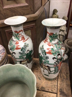 Lot 32 - Pair of antique Chinese famille verte baluster vases, circa 1900, and a celadon vase (3)