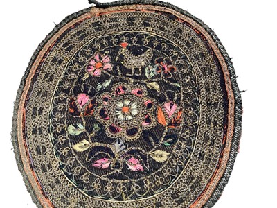 Lot 2067 - 19th century Chinese linen embroidered bag plus oval embroidered panel, couched metallic thread and satin stitch, chicken with flowers.