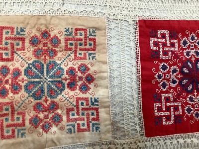 Lot 2069 - A selection of vintage textiles including an East European patchwork cover with geometric cross stitch panels connected with bobbin lace, small velvet patchwork panel, Iranian printed cotton cover...