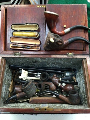 Lot 332 - Inlaid tea caddy containing old pipes, cheroot holders, plated cutlery etc