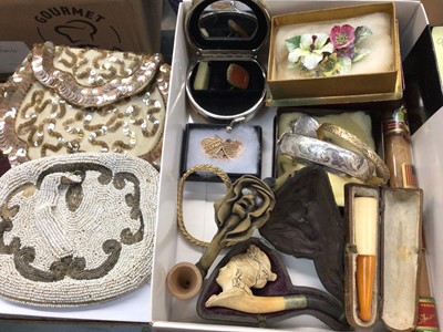 Lot 1063 - Group of jewellery including a silver bangle, gold front Mizpah brooch, gold plated bangle, pipes, two vintage beaded purses and other bijouterie