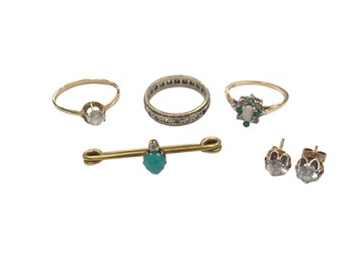 Lot 1015 - Three 9ct gold gem set rings, pair 9ct gold stud earrings and an antique turquoise and diamond bar brooch