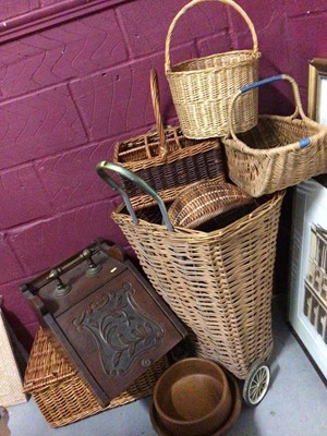 Lot 305 - Group of wicker baskets, picnic hamper, wooden trug, two wooden bowls and a carved wood coal scuttle