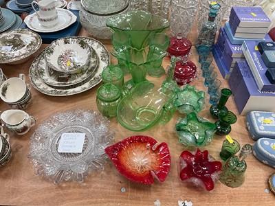 Lot 557 - Group of Art Deco green glassware together with a blue glass liquor set and other glassware.