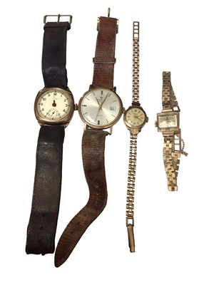 Lot 93 - Two 9ct gold vintage ladies wristwatches on 9ct gold bracelets and two 9ct gold cased wristwatches on leather straps (4)