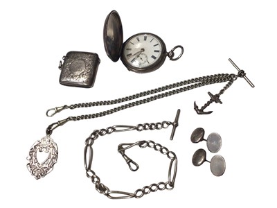 Lot 96 - Victorian silver full hunter pocket watch, Victorian silver vesta case, a pair of Victorian silver cufflinks and two Edwardian silver/ white metal watch chains