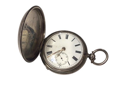Lot 96 - Victorian silver full hunter pocket watch, Victorian silver vesta case, a pair of Victorian silver cufflinks and two Edwardian silver/ white metal watch chains