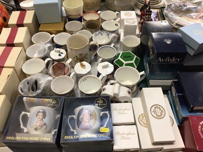 Lot 321 - Collection of Royal commemorative mugs, plated, trinket boxes, glass paperweights etc and a Royal Worcester limited edition figure 'Margery'