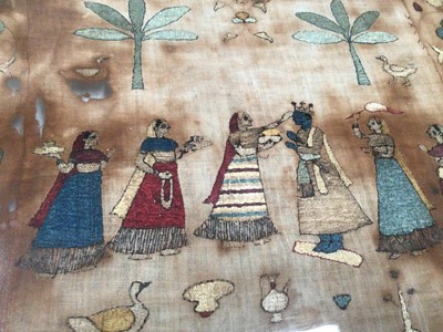 Lot 2073 - 19th century Indian Chamba Rumal embroidery.  Four panels on woven cotton ground, silk thread double satin stitched scenes with fine brush strokes.  Uniform design on both faces.