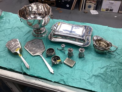 Lot 1096 - Two Indian silver brushes, pair of pepperettes, Norwegian silver salt and silver plated ware