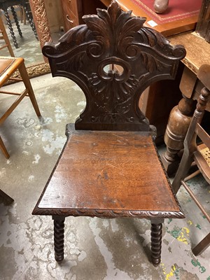 Lot 1399 - Carved oak hall chair, three other chairs, a children's chair, and plane coffee table.