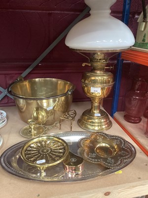 Lot 636 - Antique brass oil lamp with chimney and shade, brass preserves an and other metalware