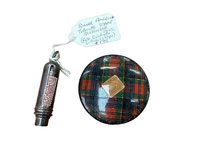 Lot 2619 - Late 19th century American Sterling silver cylindrical stamp dispenser and Tartan ware stamp box with Penny Red decoration (2)