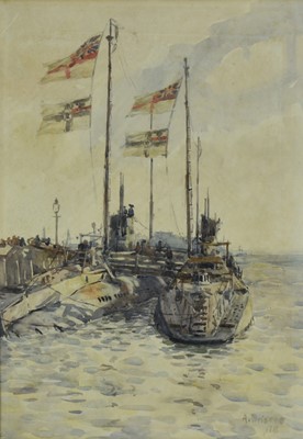 Lot 961 - Arthur Briscoe (1920-1997) watercolour - Captured German Submarines at Portsmouth, signed and dated '18, 34cm x 24cm, in glazed frame