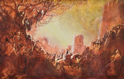 Lot 1196 - *Tom Keating (1917-1984) mixed media on paper - Battle scene in the manner of Samuel Palmer, 17.5cm x 27.5cm, in glazed gilt frame