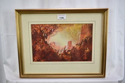 Lot 1196 - *Tom Keating (1917-1984) mixed media on paper - Battle scene in the manner of Samuel Palmer, 17.5cm x 27.5cm, in glazed gilt frame