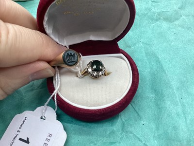 Lot 1102 - 18ct gold green stone and diamond cluster ring and 9ct gold signet ring (2)