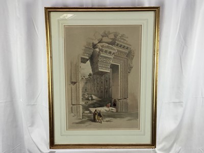 Lot 48 - After David Roberts, hand tinted lithograph, with pin holes, "Baalbec May 7th 1839", London Pub. by FG Moon, 20 Threadneedle Street, Jan 1st 1844".  Framed and glazed.  73cm x 56cm. Provenance:  S...