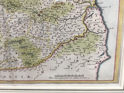 Lot 1023 - J Blaeu - hand coloured map of Norfolk, c1650.  Framed and glazed.