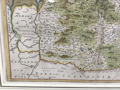 Lot 1023 - J Blaeu - hand coloured map of Norfolk, c1650.  Framed and glazed.
