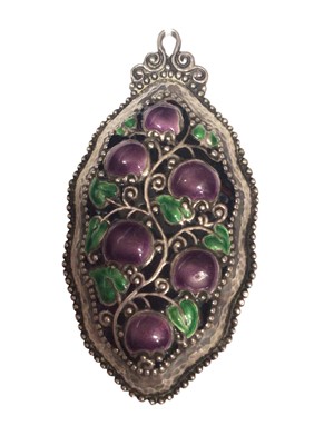 Lot 13 - Continental silver (800) leaf shaped pendant with purple, green and black enamelled fruit decoration