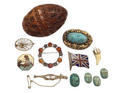 Lot 1044 - Edwardian 9ct gold seed pearl brooch, other vintage brooches and enamelled badges, carved coquilla nut pot and scarab beetle beads