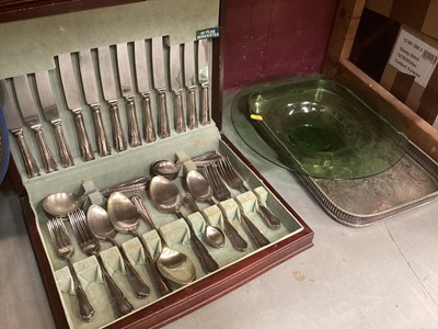 Lot 635 - Plated canteen cutlery, plated gallery tray...