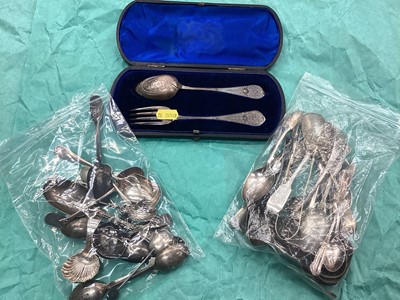 Lot 1098 - Group of various silver spoons and other cutlery, including two caddy spoons