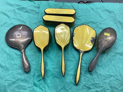 Lot 1125 - Collection of silver mounted dressing table brushes and mirrors, some enamelled.