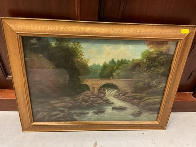 Lot 127 - J. K. Donald, Edwardian oil on canvas - Bridge over a River, signed, in glazed gilt frame