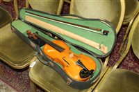 Lot 3636 - Continental violin with two bows, in a fitted...