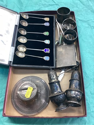 Lot 1126 - Group of silver to include cased silver spoons, napkin rings, set of six silver fish knives and small group of pen knives.