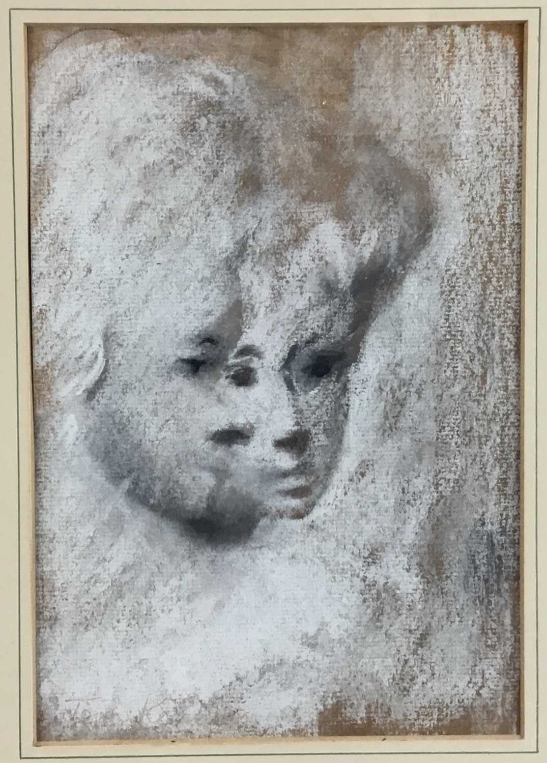 Lot 70 - Tom Keating (1917-1984) pastel - two faces, indistinctly signed, 22cm x 15cm in glazed frame