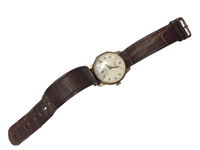 Lot 112 - 1930s 9ct gold cased wristwatch by J. W. Benson on brown leather strap