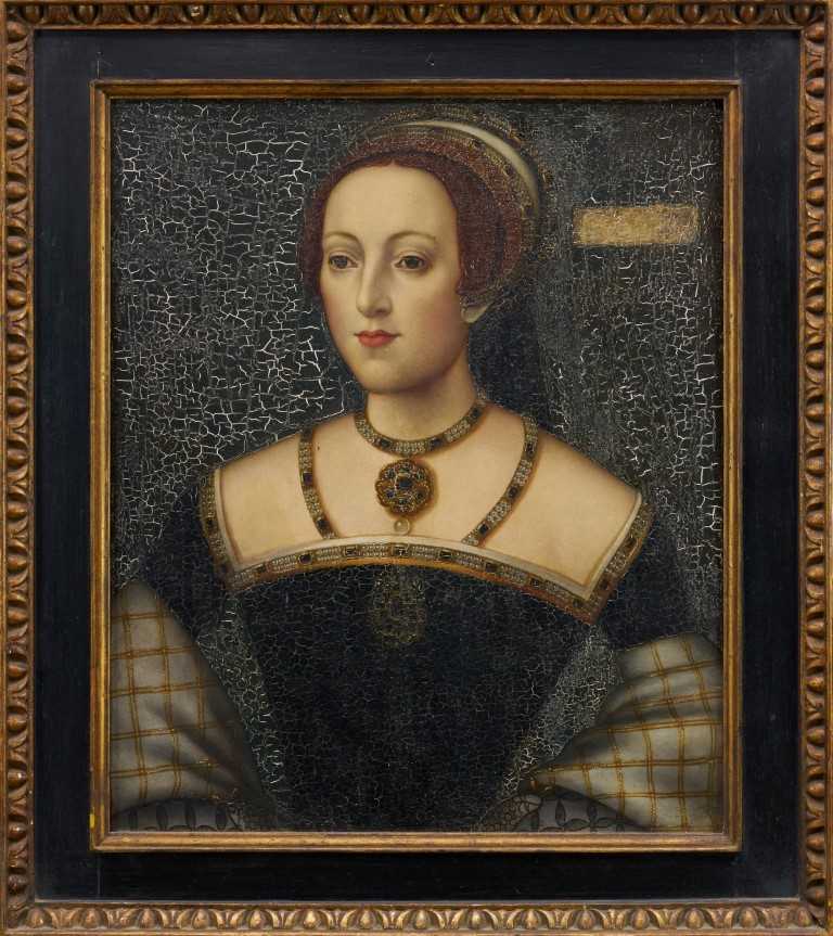 Lot 929 - After Holbein, antique oil on panel - Portrait of a Noblewoman, possibly Katherine Parr, 54cm x 45cm, in gilt and ebonised frame