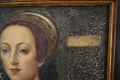 Lot 929 - After Holbein, antique oil on panel - Portrait of a Noblewoman, possibly Katherine Parr, 54cm x 45cm, in gilt and ebonised frame