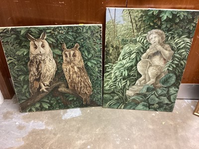 Lot 603 - Two oils on canvas , owls and garden figure of Pan (2)